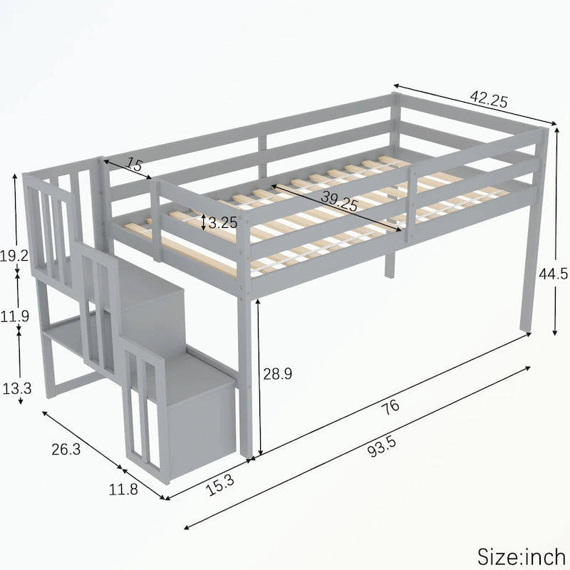 Lit mezzanine double avec escalier de rangement et garde-corps pleine longueur