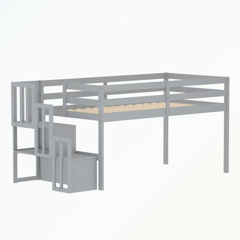 Lit mezzanine double avec escalier de rangement et garde-corps pleine longueur