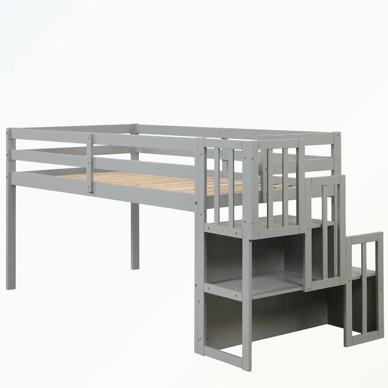 Lit mezzanine double avec escalier de rangement et garde-corps pleine longueur