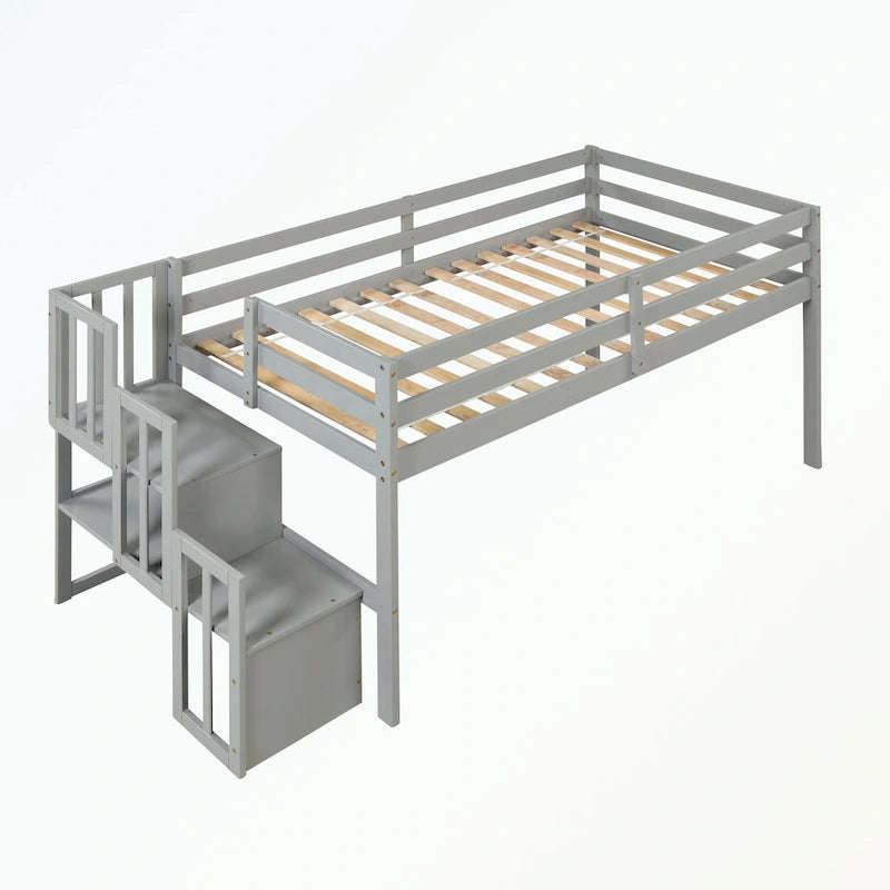 Lit mezzanine double avec escalier de rangement et garde-corps pleine longueur
