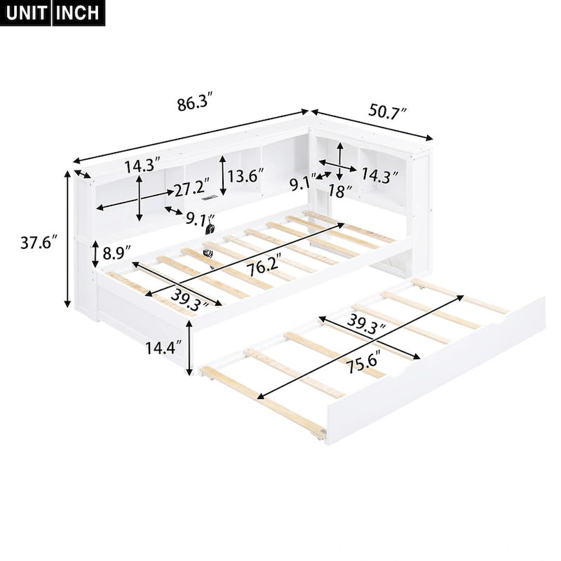 Twin Size Daybed with Trundle, Storage Cabinets and USB Ports