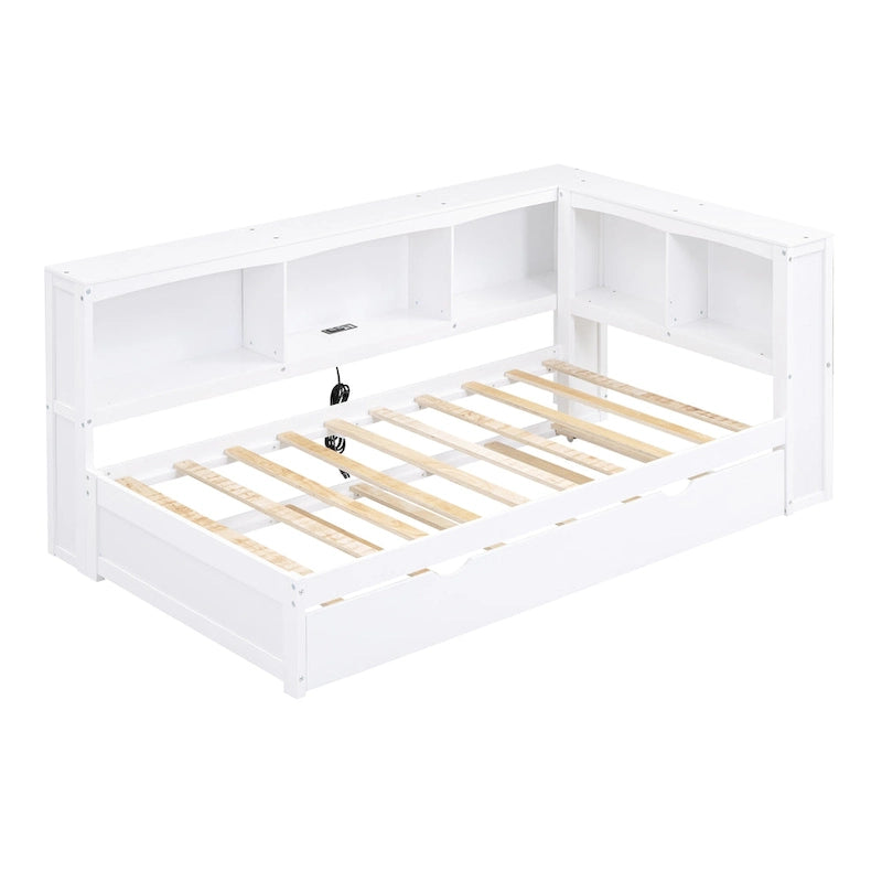 Lit de repos double avec lit gigogne, armoires de rangement et ports USB