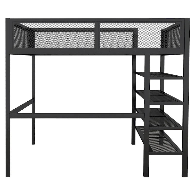 Lit mezzanine double en métal avec étagères à 4 niveaux et rangement, noir