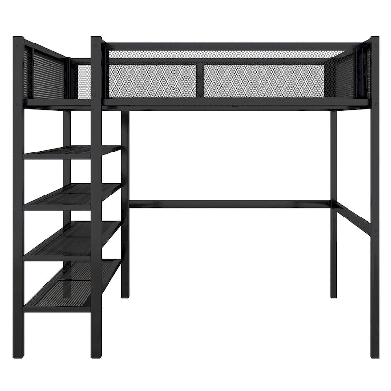 Lit mezzanine double en métal avec étagères à 4 niveaux et rangement, noir