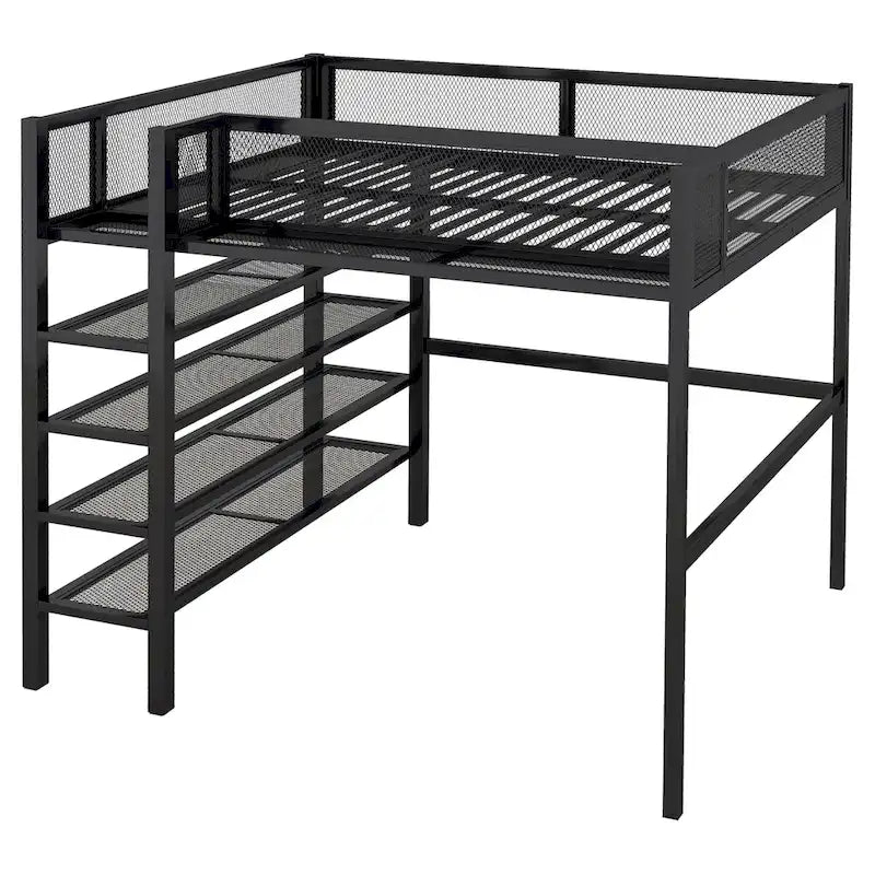 Lit mezzanine double en métal avec étagères à 4 niveaux et rangement, noir