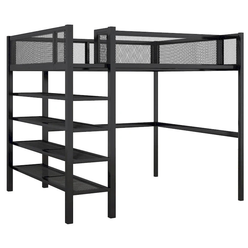 Lit mezzanine double en métal avec étagères à 4 niveaux et rangement, noir