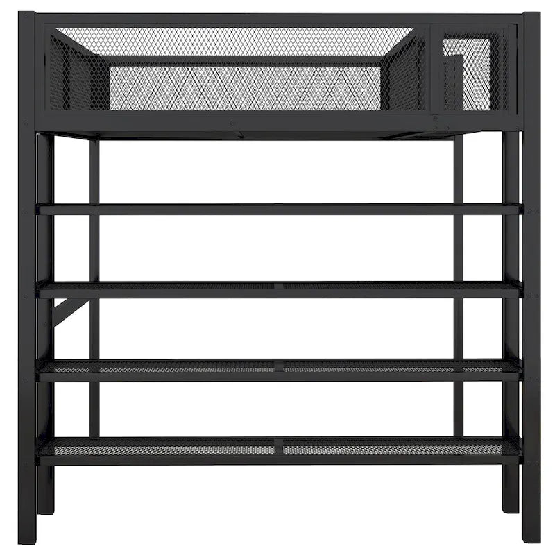 Lit mezzanine double en métal avec étagères à 4 niveaux et rangement, noir
