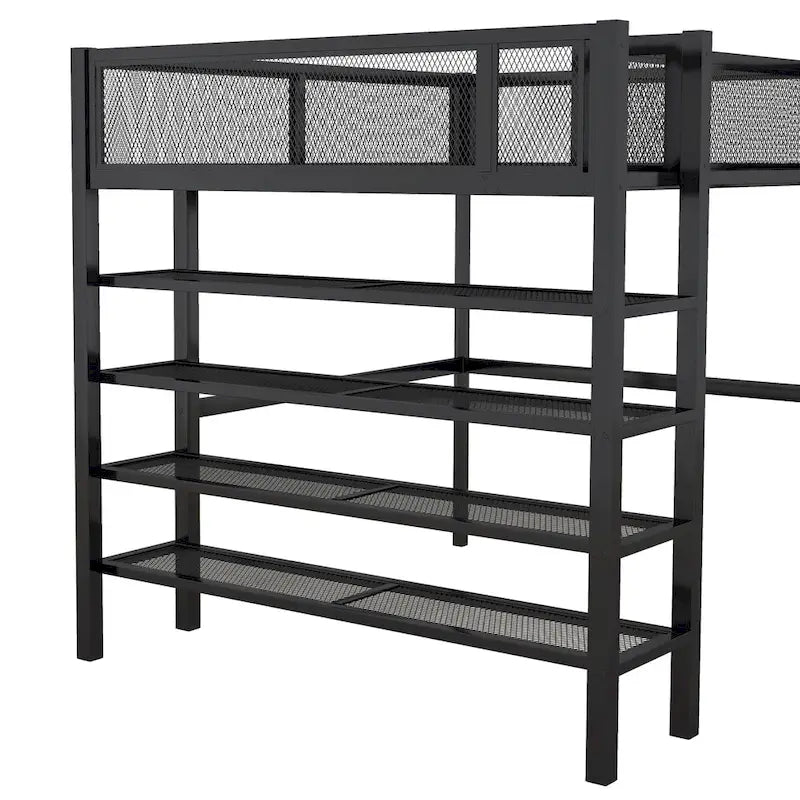 Lit mezzanine double en métal avec étagères à 4 niveaux et rangement, noir