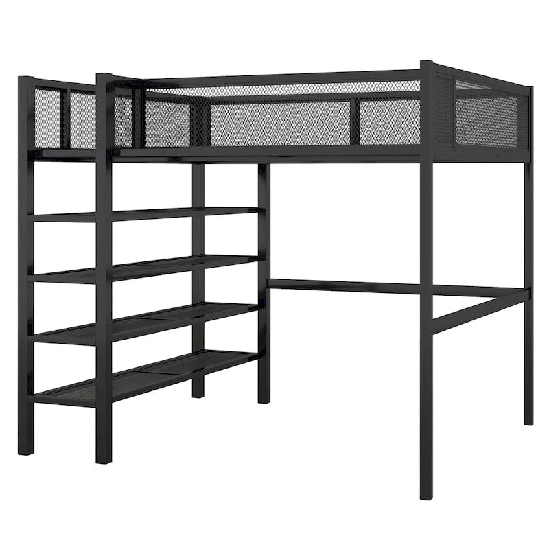 Lit mezzanine double en métal avec étagères à 4 niveaux et rangement, noir