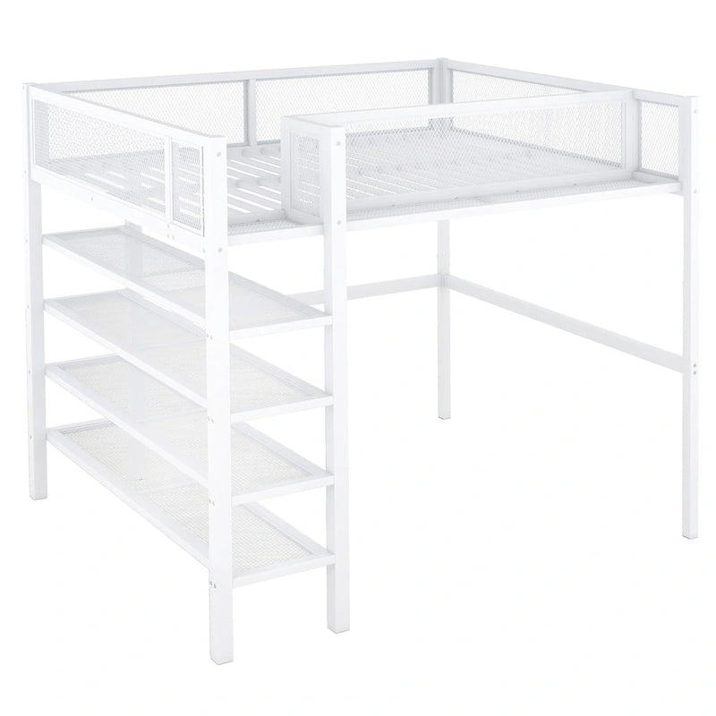 Lit mezzanine double en métal avec étagères à 4 niveaux et rangement, noir
