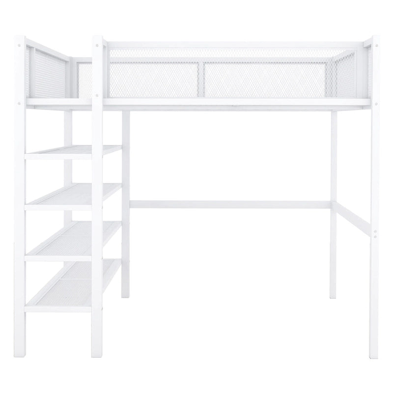 Lit mezzanine double en métal avec étagères à 4 niveaux et rangement, noir