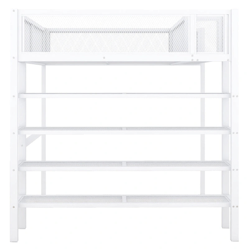 Lit mezzanine double en métal avec étagères à 4 niveaux et rangement, noir