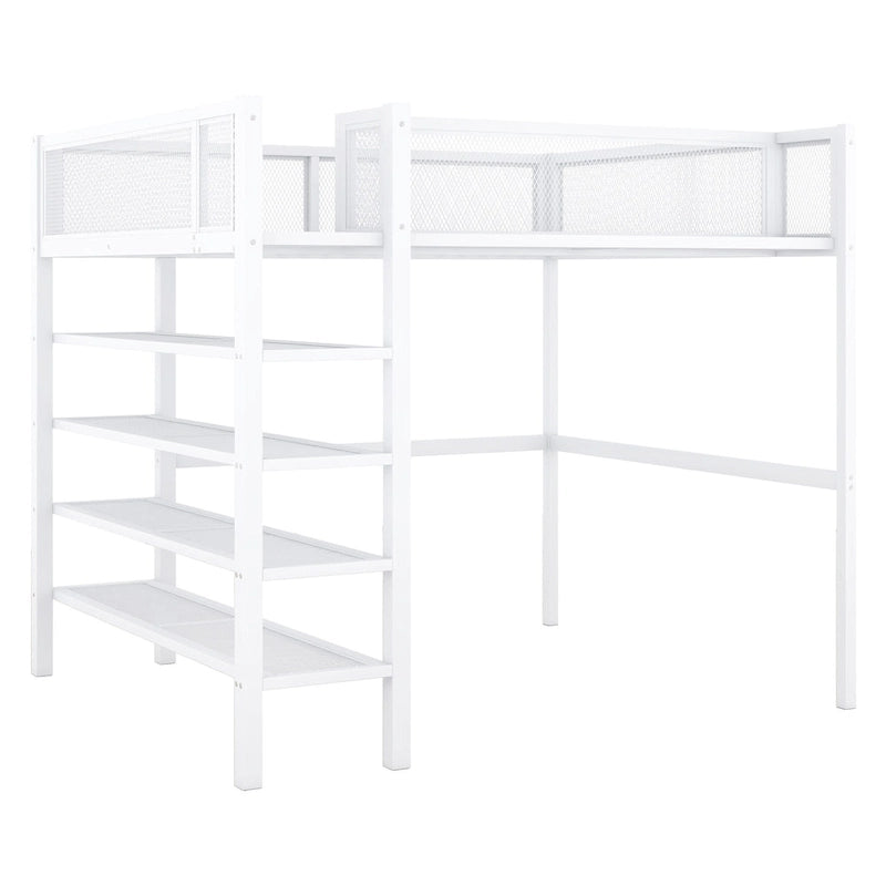 Lit mezzanine double en métal avec étagères à 4 niveaux et rangement, noir