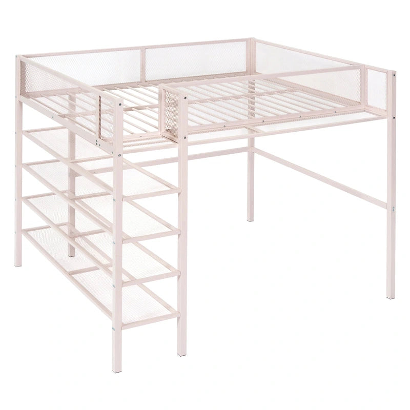 Lit mezzanine double en métal avec étagères à 4 niveaux et rangement, noir