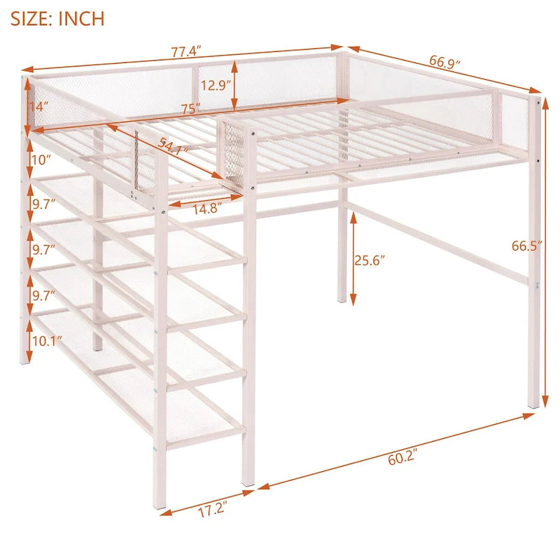 Lit mezzanine double en métal avec étagères à 4 niveaux et rangement, noir