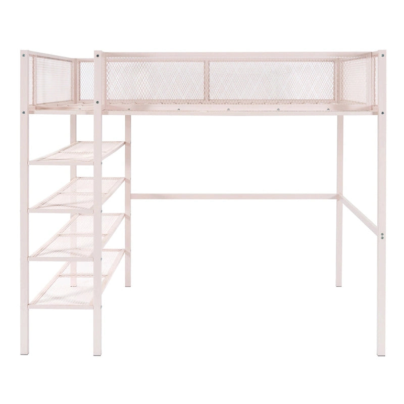 Lit mezzanine double en métal avec étagères à 4 niveaux et rangement, noir
