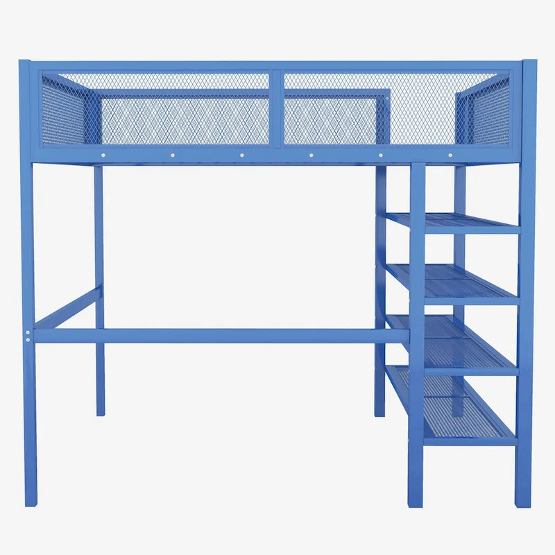 Lit mezzanine double en métal avec étagères à 4 niveaux et rangement, noir