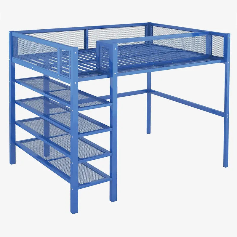 Lit mezzanine double en métal avec étagères à 4 niveaux et rangement, noir