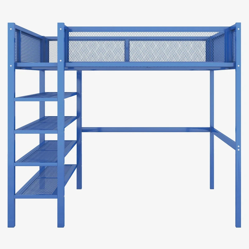 Lit mezzanine double en métal avec étagères à 4 niveaux et rangement, noir
