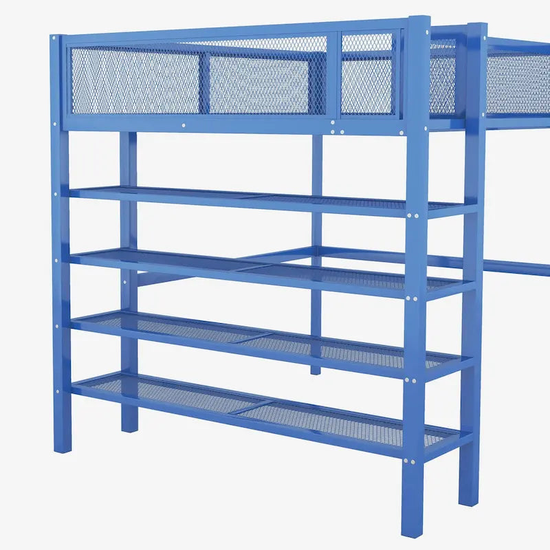 Lit mezzanine double en métal avec étagères à 4 niveaux et rangement, noir