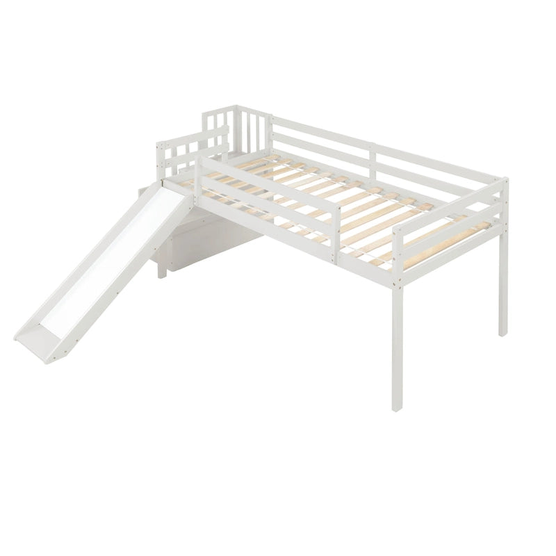 Lit mezzanine avec escalier, rangement, toboggan, taille double, garde-corps de sécurité pleine longueur, sommier tapissier non requis, gris