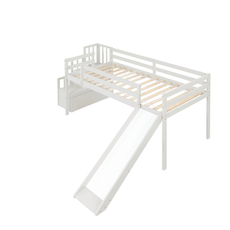 Lit mezzanine avec escalier, rangement, toboggan, taille double, garde-corps de sécurité pleine longueur, sommier tapissier non requis, gris