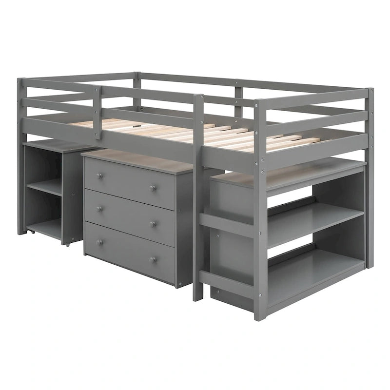 Lit mezzanine double avec bureau et armoire de rangement