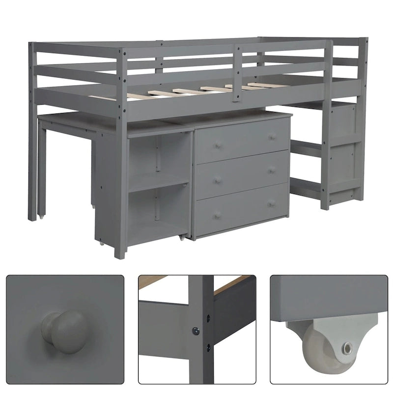 Lit mezzanine double avec bureau et armoire de rangement