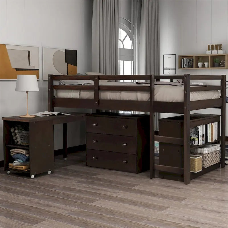 Lit mezzanine double avec bureau et armoire de rangement