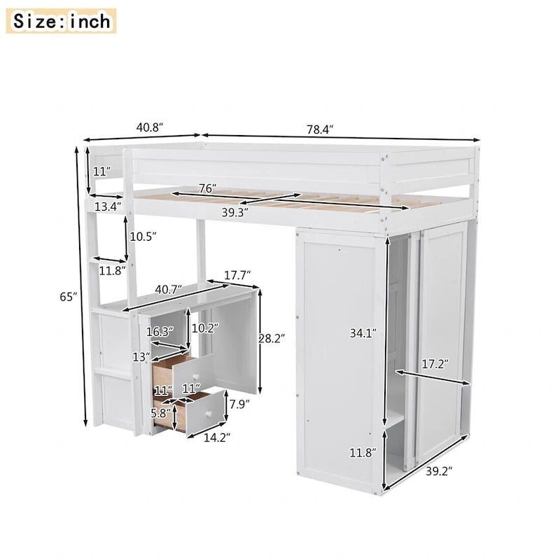 Lit mezzanine en bois avec armoires et bureau 2 tiroirs avec rangement