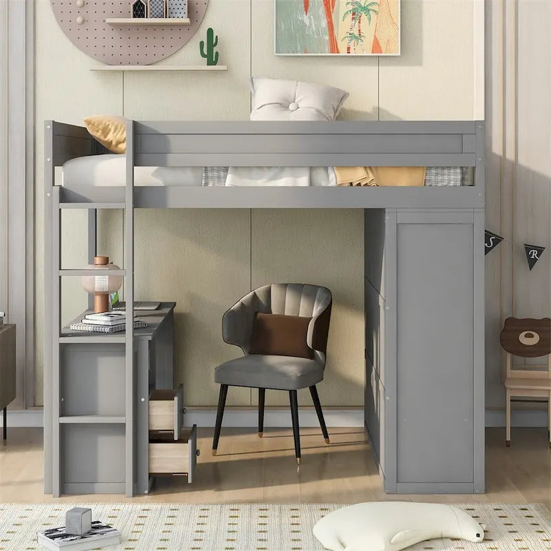 Lit mezzanine en bois avec armoires et bureau 2 tiroirs avec rangement