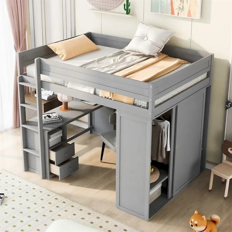 Lit mezzanine en bois avec armoires et bureau 2 tiroirs avec rangement