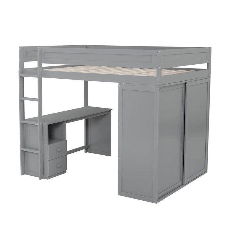 Lit mezzanine en bois avec armoires et bureau 2 tiroirs avec rangement