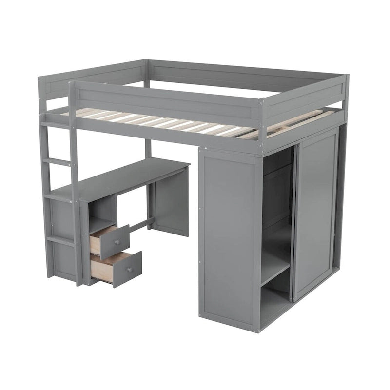 Lit mezzanine en bois avec armoires et bureau 2 tiroirs avec rangement