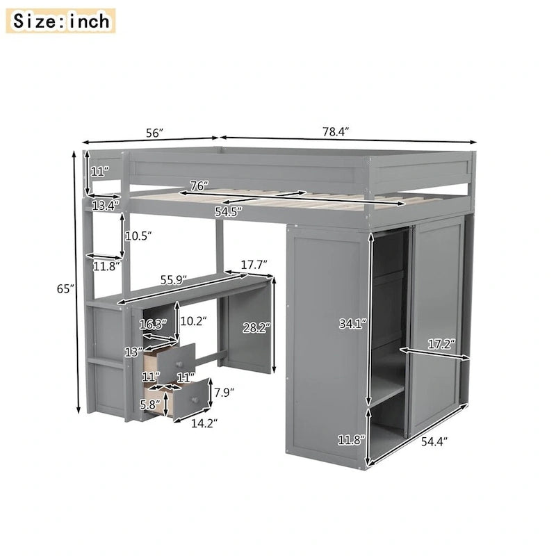 Lit mezzanine en bois avec armoires et bureau 2 tiroirs avec rangement