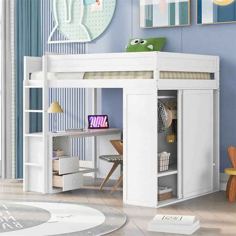 Lit mezzanine en bois avec armoires et bureau 2 tiroirs avec rangement