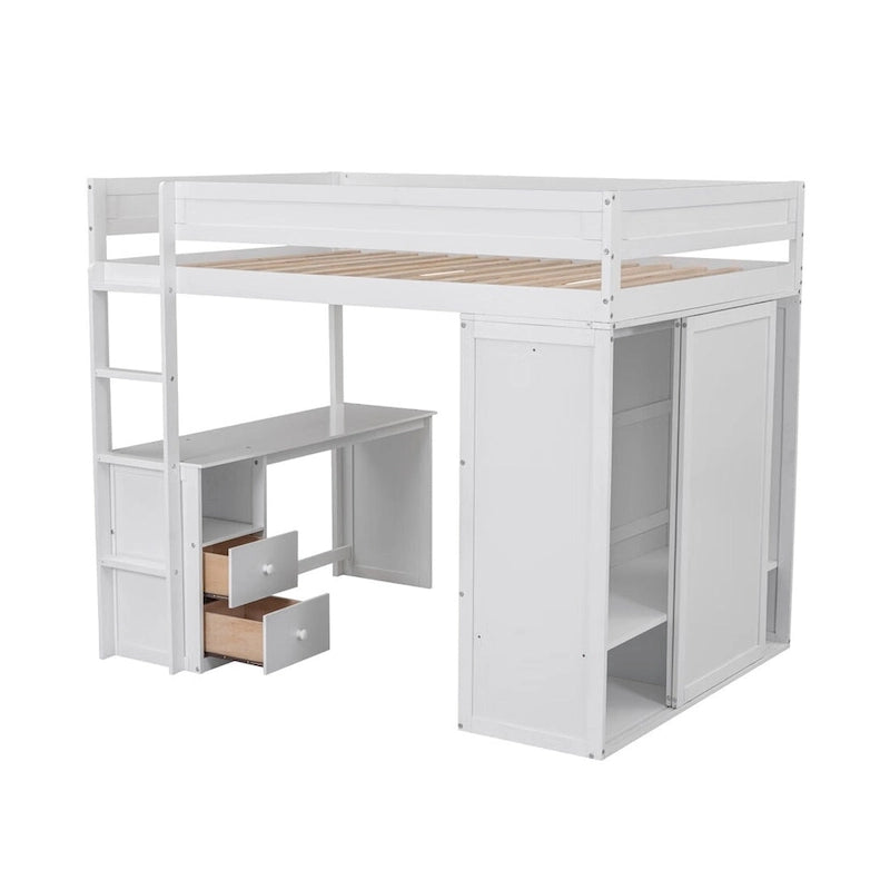 Lit mezzanine en bois avec armoires et bureau 2 tiroirs avec rangement