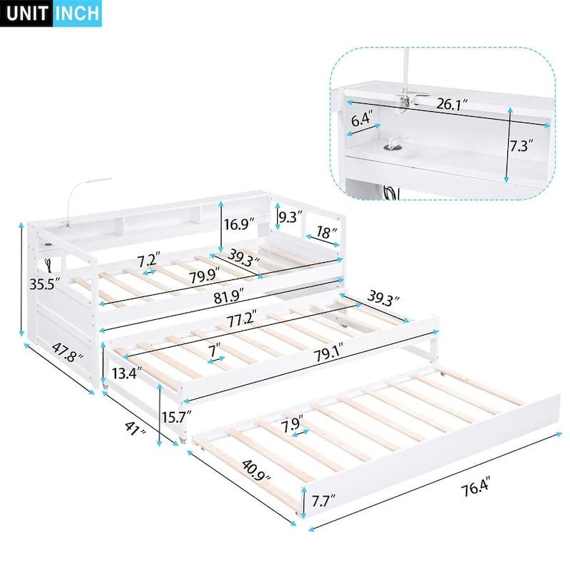 Lit de repos en bois Twin XL avec 2 lits gigognes, 3 compartiments de rangement, 1 lampe gratuite et port de chargement USB