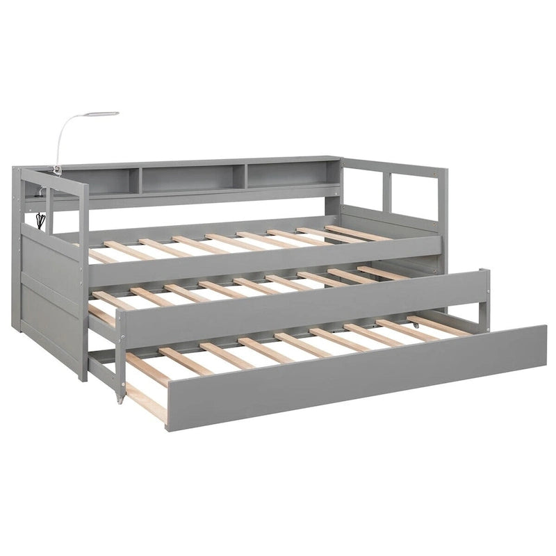 Lit de repos en bois Twin XL avec 2 lits gigognes, 3 compartiments de rangement, 1 lampe gratuite et port de chargement USB