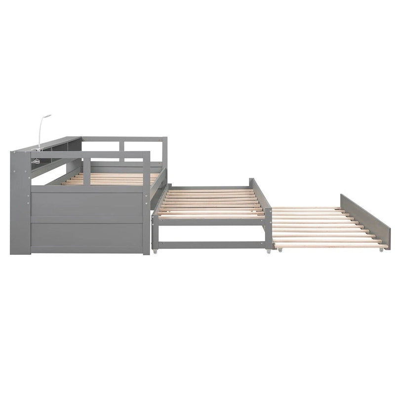 Lit de repos en bois Twin XL avec 2 lits gigognes, 3 compartiments de rangement, 1 lampe gratuite et port de chargement USB