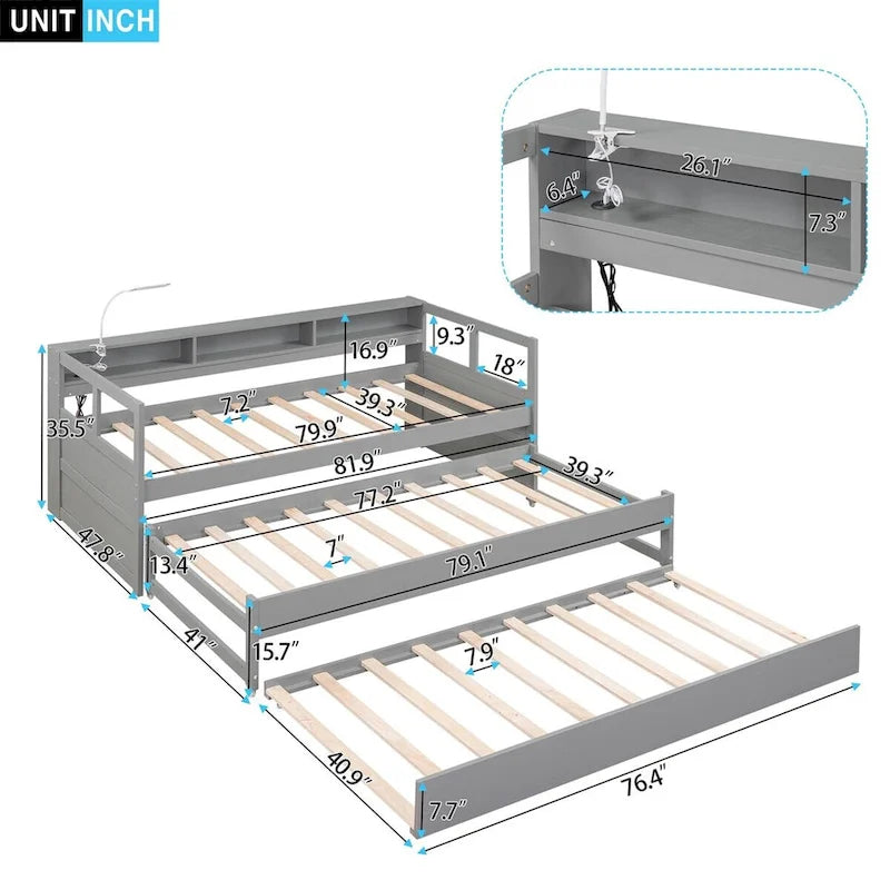 Lit de repos en bois Twin XL avec 2 lits gigognes, 3 compartiments de rangement, 1 lampe gratuite et port de chargement USB