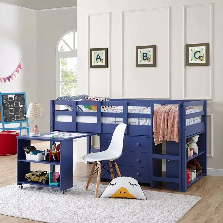 Lit mezzanine jumeau avec bureau, lit mezzanine jumeau bas pour enfants avec rangement, lit mezzanine en pin pour enfants, lit mezzanine jumeau avec armoire