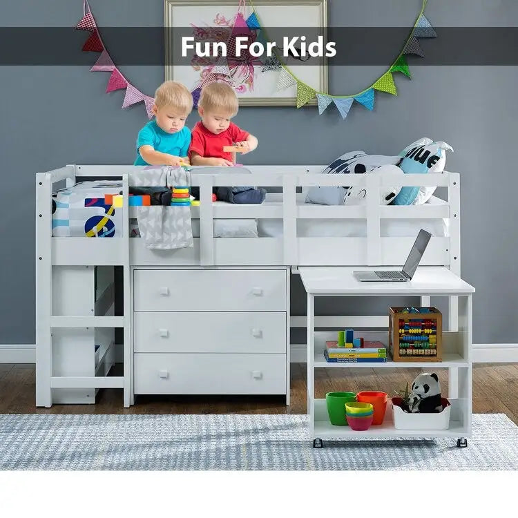 Lit mezzanine jumeau avec bureau, lit mezzanine jumeau bas pour enfants avec rangement, lit mezzanine en pin pour enfants, lit mezzanine jumeau avec armoire