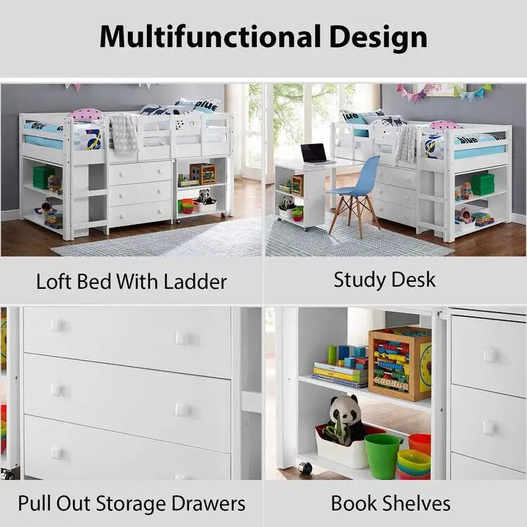 Lit mezzanine jumeau avec bureau, lit mezzanine jumeau bas pour enfants avec rangement, lit mezzanine en pin pour enfants, lit mezzanine jumeau avec armoire