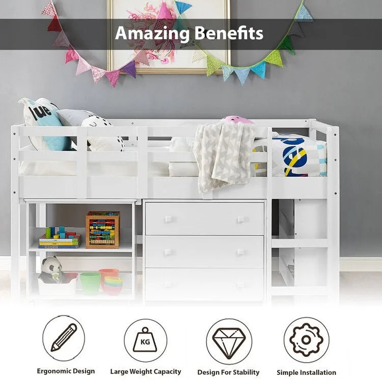 Lit mezzanine jumeau avec bureau, lit mezzanine jumeau bas pour enfants avec rangement, lit mezzanine en pin pour enfants, lit mezzanine jumeau avec armoire