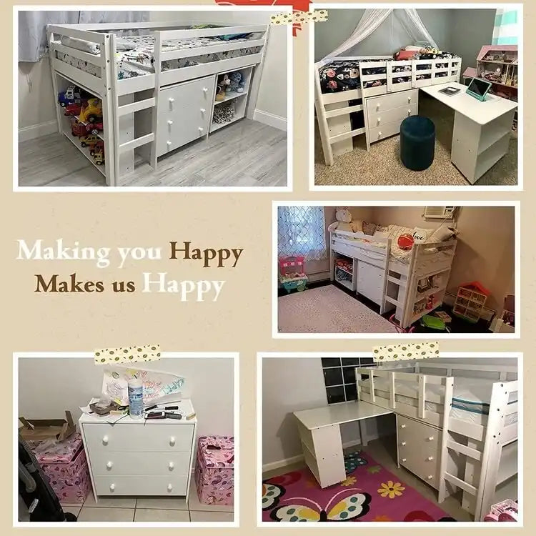 Lit mezzanine jumeau avec bureau, lit mezzanine jumeau bas pour enfants avec rangement, lit mezzanine en pin pour enfants, lit mezzanine jumeau avec armoire