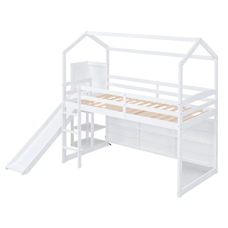 Lit mezzanine cabane en bois de taille double avec toboggan