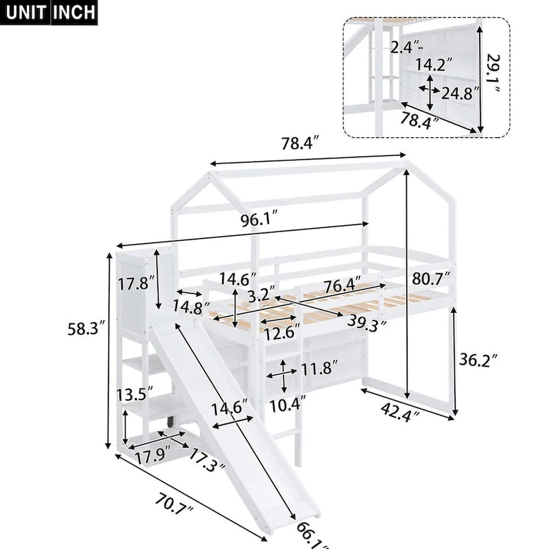 Lit mezzanine cabane en bois de taille double avec toboggan