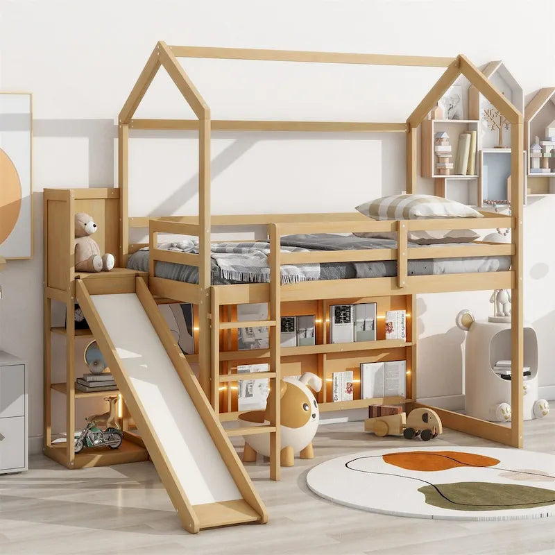 Lit mezzanine cabane en bois de taille double avec toboggan