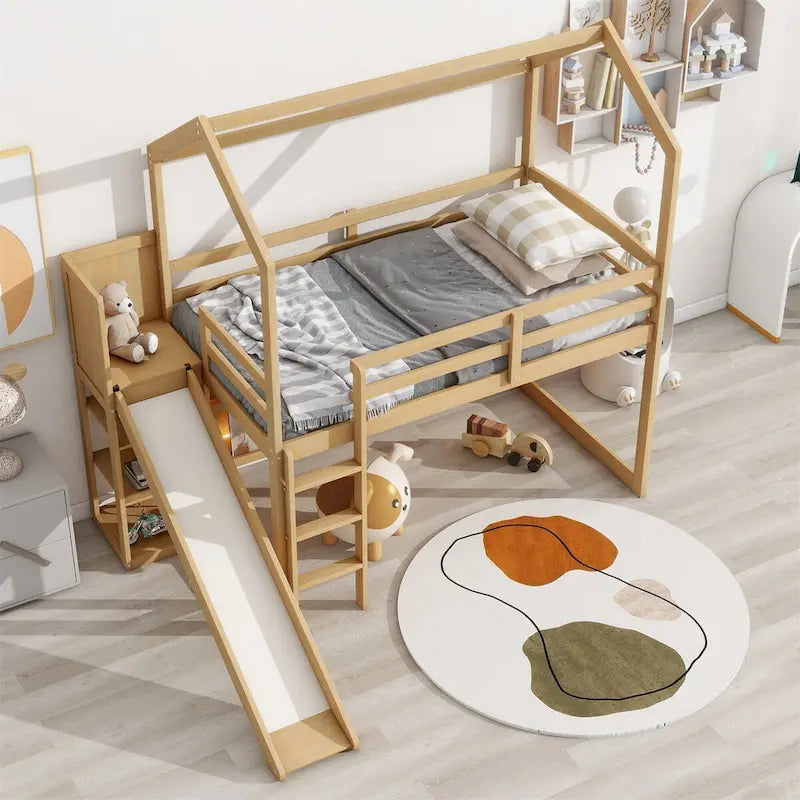Lit mezzanine cabane en bois de taille double avec toboggan